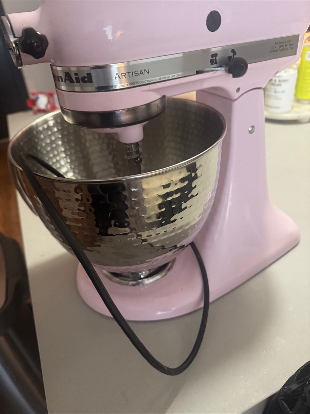 KitchenAid Artisan Stand Mixer in Pastel Pink with Hammered Stainless Bowl